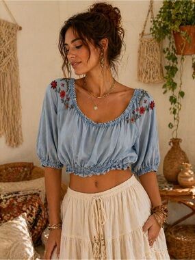Boho Chic Chambray Blue Embroidered Crop Top with Puff Sleeves
